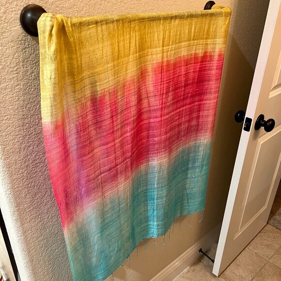 Ombre Colorblock Pink Purple Yellow Turquoise Blue Silk Scarf - Picture 2 of 3